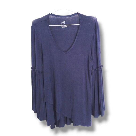 Joan Bass Women's Top Sz Large Navy Blue‎ Long Sleeves Asymmetric Hem V Neck - Picture 1 of 11